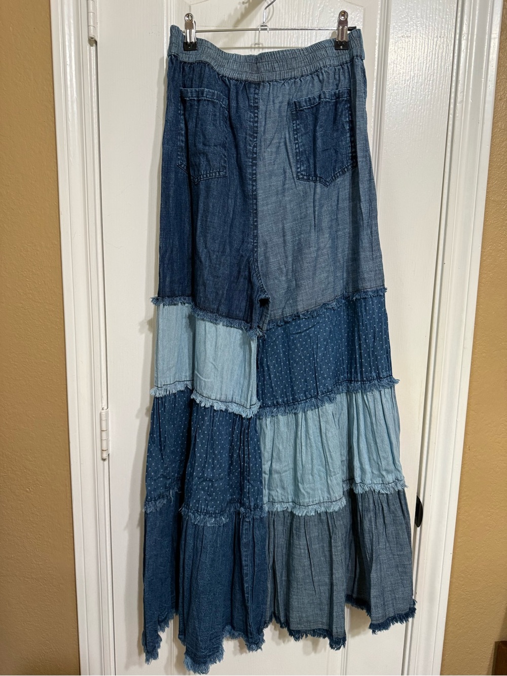 H010 NWT Young Threads M w13-19 Patchwork Wide-Leg Denim Jumpsuit Pants - Blue - Picture 5 of 9
